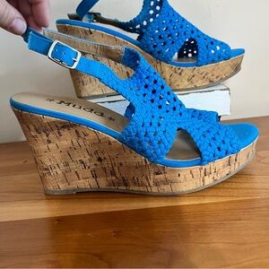 MUDD Woven Wedge Sandals Size 10 Blue Cutout Fabric Ankle Straps Cork Heel